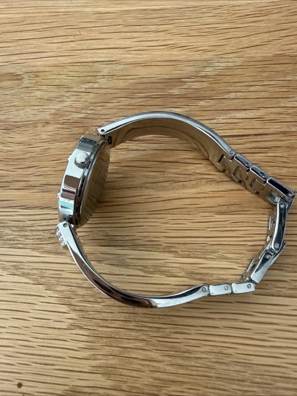 Anne Klein Silver Bracelet Watch with Black Dial and Crystal Accents, Runs Great
